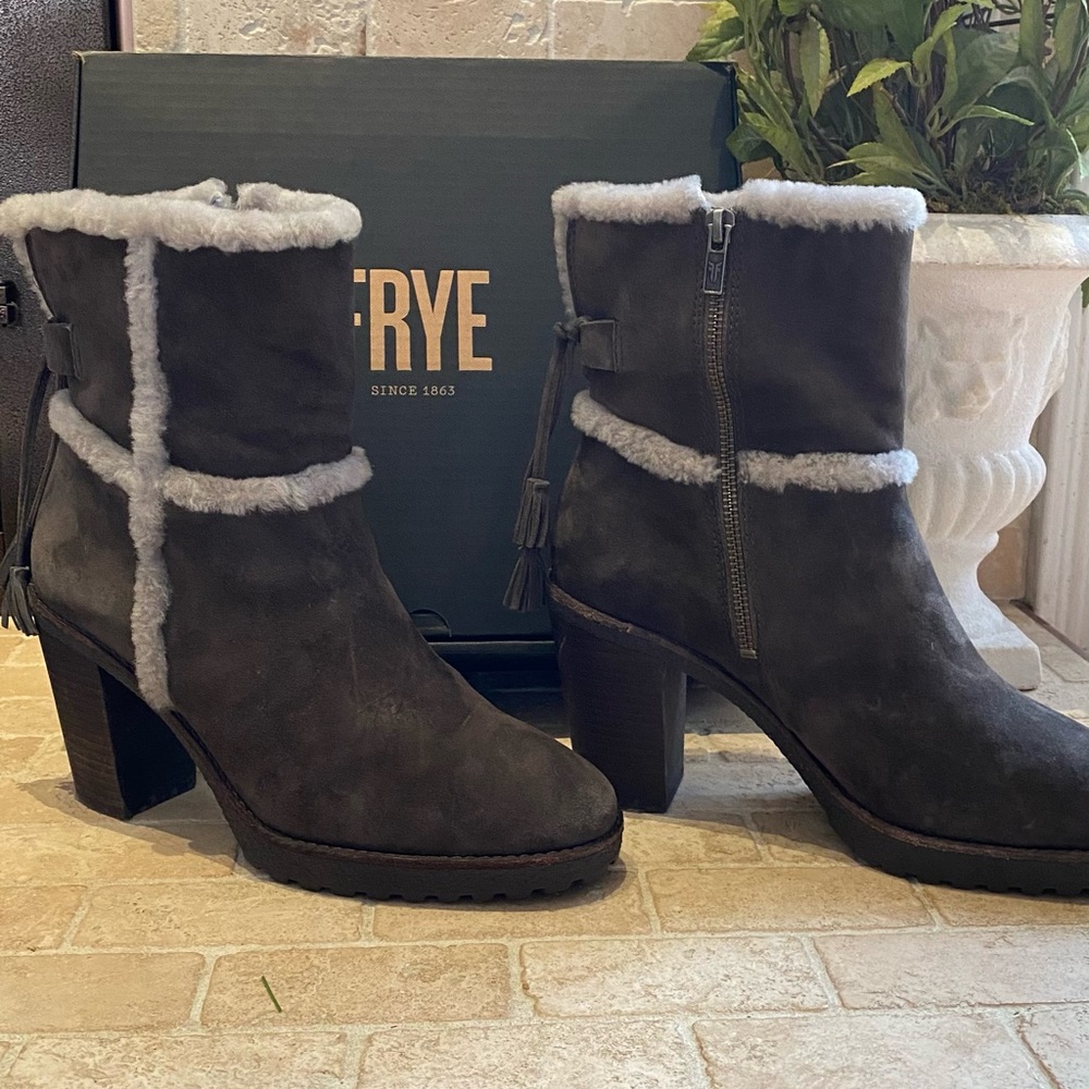 FRYE Jen Suede Shearling Boots, Smoke, Like New Condition